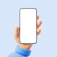 Cartoon hand holding smartphone with white blank screen. Mock up. 3d rendering