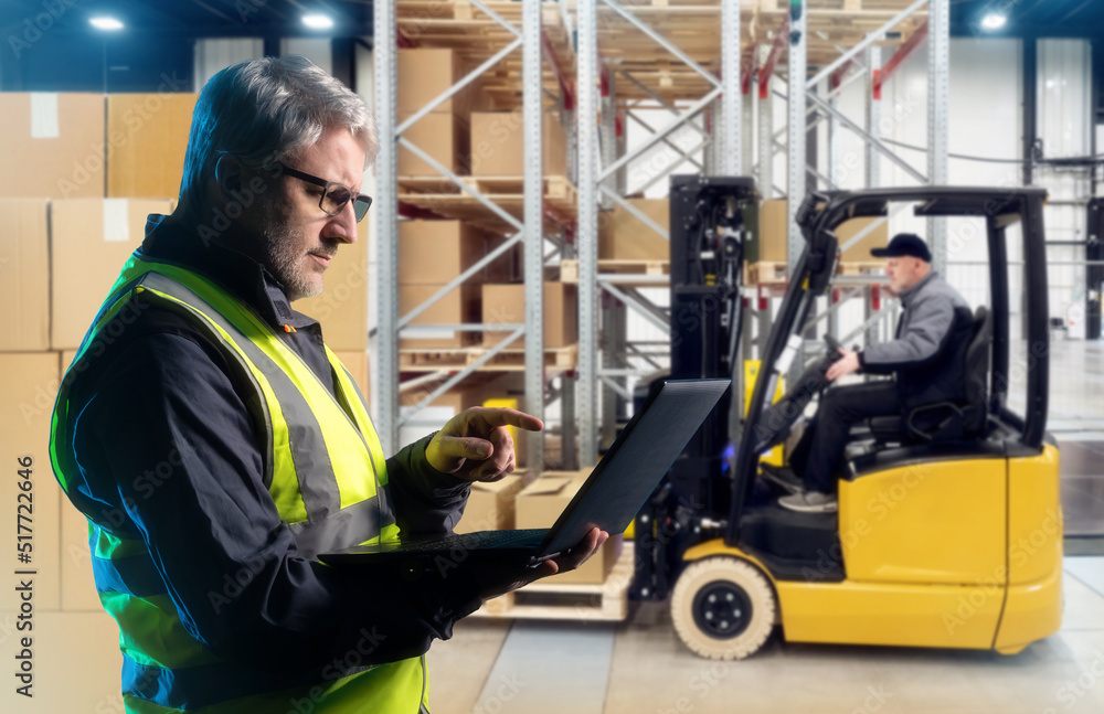 Poster warehouse management. man with laptop in front of shelving. loader with forklift. warehouse manager 