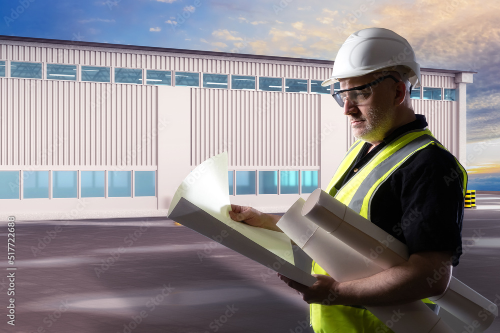 Poster man engineer. engineer in front of industrial buildings. engineering bureau worker with blueprints i