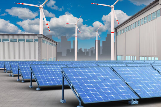 Solar panels in industrial area. Power plant. Solar panels and windmills near hangars. Sun energy. Solar panels farm. Photoelectric resources. Supply production with electricity. 3d image