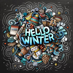 Hello Winter hand drawn doodles colorful vector illustration.