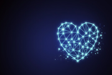 Neon abstract white heart in the form of a grid on a black strong dark background. The concept of help, kindness, treatment. Heart shape with copy space