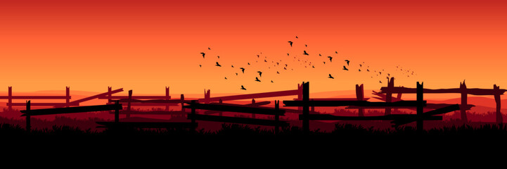 countryside landscape with silhouette of broken fence flat design vector illustration good for wallpaper, background, backdrop, banner, web, and template © FahrizalNurMuhammad