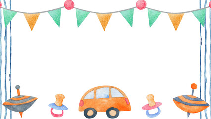 Baby birthday watercolor illustration. Baby's toys, horizontal frame with place for text on isolated white background. For designing social media, stationery, printing on objects, etc.
