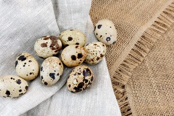 Quail eggs on a light fabric background.
View from above