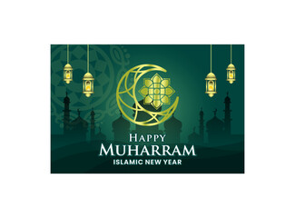 Green islamic new year banner with moon and flowers background