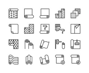 Wallpaper flat line icons set. Paperhanging and wall paper rolls concept line symbols.Simple flat vector illustration for web site or mobile app