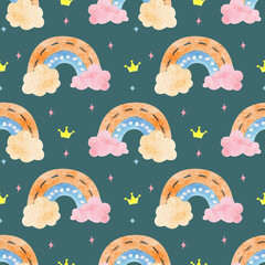 Baby watercolor seamless pattern (rainbow) on isolated background. For designing greeting cards, social media, stationery, printing on objects, etc.