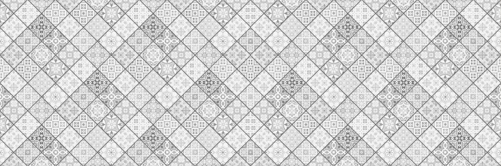 Old white gray grey seamless flowers leaves vintage geometric shabby mosaic ornate patchwork motif porcelain stoneware tiles, square mosaic stone concrete cement tile mirror wall texture backgrounds - obrazy, fototapety, plakaty