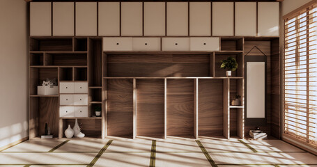 Box Wall Shelves on living room japanese style, tatami mat and decoration lamp and plants on white zen room.3D rendering
