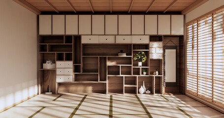 Box Wall Shelves on living room japanese style, tatami mat and decoration lamp and plants on white zen room.3D rendering