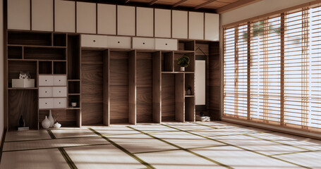 Box Wall Shelves on living room japanese style, tatami mat and decoration lamp and plants on white zen room.3D rendering