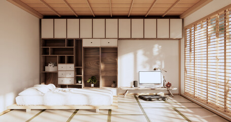 Box Wall Shelves on living room japanese style, tatami mat and decoration lamp and plants on white zen room.3D rendering