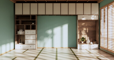 Box Wall Shelves on living room japanese style, tatami mat and decoration lamp and plants on mint zen room.3D rendering
