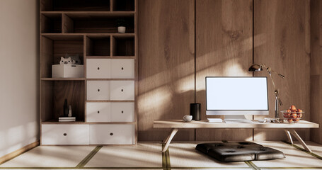 Living room interior on tatami mat floor, computer on low table and pillow.3D rendering