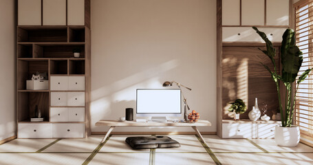 Living room interior on tatami mat floor, computer on low table and pillow.3D rendering