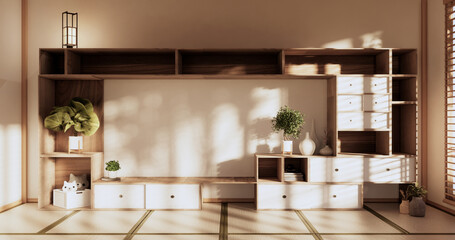 Box Wall Shelves on living room japanese style, tatami mat and decoration lamp and plants on white zen room.3D rendering