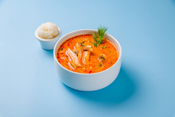Tom Yam soup with chicken on blue background