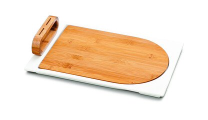 White ceramic and wooden cutting board, isolated on white
