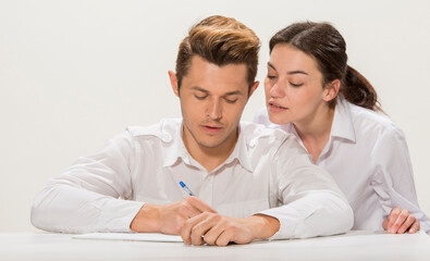 two, blond, isolated, dispute, intern, staff, manager, colleague, complicated, people organizing,...