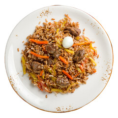 pilaf with beef, eggs, carrot on beautiful plate isolated on white background top view