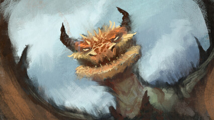 Digital painting of an orange dragon creature with horns flying over a blue sky - fantasy illustration © Dominick