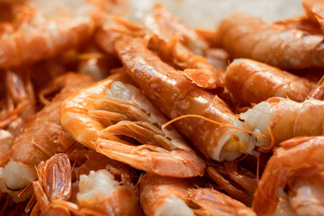 Fish market stall full of fresh Kvarner bay scampi (škampi) on Croatia island Mali Lošinj