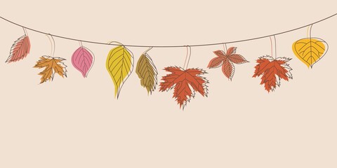 Autumn leaves decoration garland. Hello Autumn concept colorful leaves graphic. Autumnal leaves banner for seasonal promotion, event and festival design. Vector illustration.