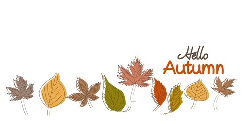 Autumn leaves decoration garland. Hello Autumn concept colorful leaves graphic. Autumnal leaves banner for seasonal promotion, event and festival design. Vector illustration.