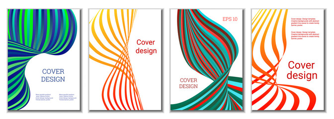 Fototapeta na wymiar A set of 4 abstract covers. Wavy parallel gradient lines, ribbons evolve. Cover design, background. Trendy banner, poster.