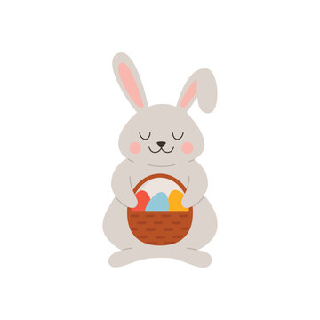 Smiling Easter bunny holding basket with painted eggs flat style, vector illustration