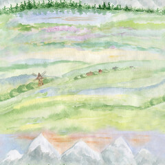 Watercolor landscape with mountains, lake, meadow.