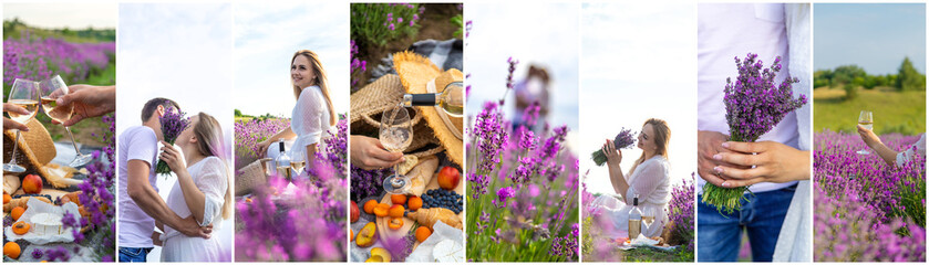 Woman and man together in a lavender field collage. Selective focus.