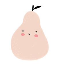 Sweet Nursery Vector Art with Cute Light Blush Pink Kawaii Pear Isolated on a White Background. Simple Illustration ideal for Wall Art, Card, Poster. Infantile Style Similng Fruit. Cool Vitamines.