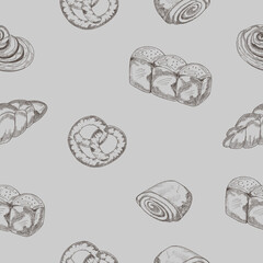 Bakery products. seamless pattern.Croissant, jam bun, bagel, hala, buns with poppy seeds. An illustration highlighted on a gray background.