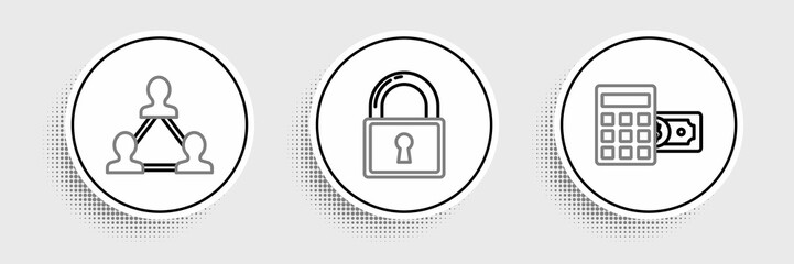 Set line Calculator with dollar symbol, Project team base and Lock icon. Vector