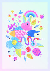 Colorful psychedelic poster with fish, snake, rainbow, berries, flowers, ladybug and stars. Contemporary Art. Beautiful nature. Magical and summer mood. Vector illustration