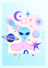 Space psychedelic poster with alien head, human body, planets, stars, comet, constellations and green background. Contemporary Art. Futuristic design. Vector illustration