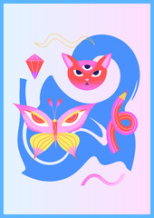 Colorful psychedelic poster with head of three-eyed cat, butterfly, pencil and abstract background blot. Contemporary Art. Blue and red colors. Vector illustration