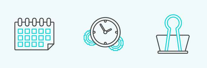 Set line Binder clip, Calendar and Time Management icon. Vector