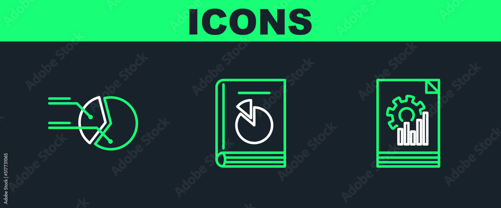 Poster set line document with graph chart, pie infographic and user manual icon. vector