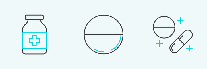 Set line Medicine pill or tablet, bottle and icon. Vector