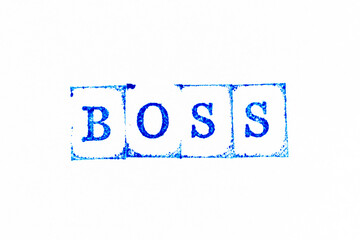 Blue color ink rubber stamp in word boss on white paper background