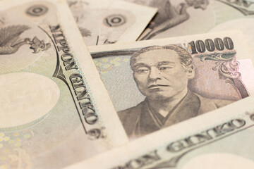 Group of Japanese banknote 10000 yen background