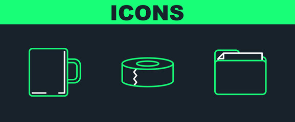 Set line Document folder, Coffee cup and Scotch icon. Vector