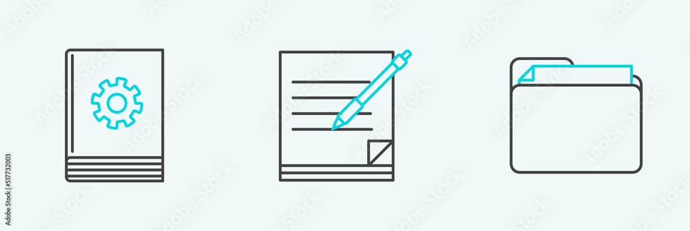 Poster set line document folder, user manual and blank notebook and pen icon. vector
