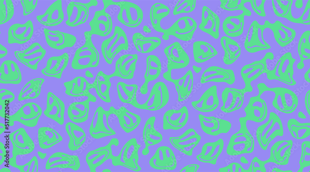 Poster warped distorted melting smiley face seamless pattern. psychedelic background.