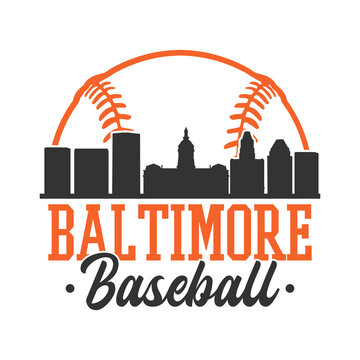 Baltimore, MD, USA Baseball Skyline City Silhouette Vector. Softball Design Style Icon Symbols. Sport America Ball.