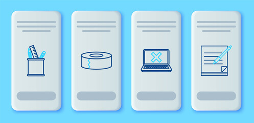 Set line Scotch, Laptop and cross mark on screen, Pencil case stationery and Blank notebook pen icon. Vector