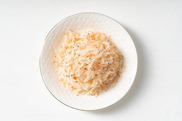 Seafood condiment dried shrimp skin on solid color background